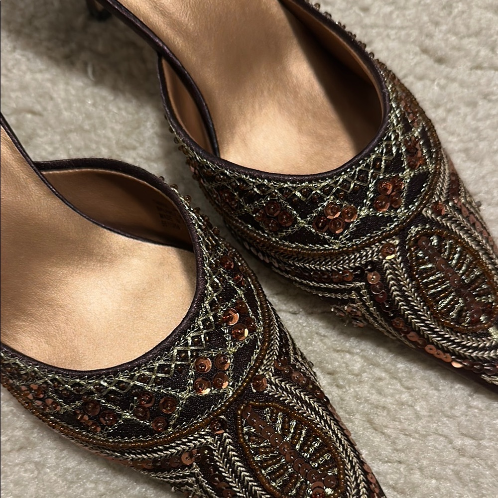 Brown and Gold Elegant Mules with Intricate Design